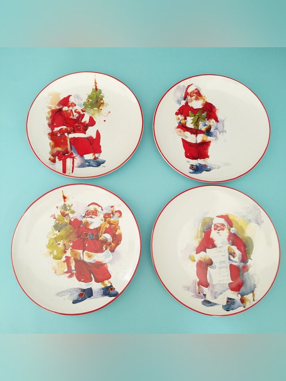 Set of 4 Southern Living Dillards Santa Stoneware Christmas Salad Plates 8.5”